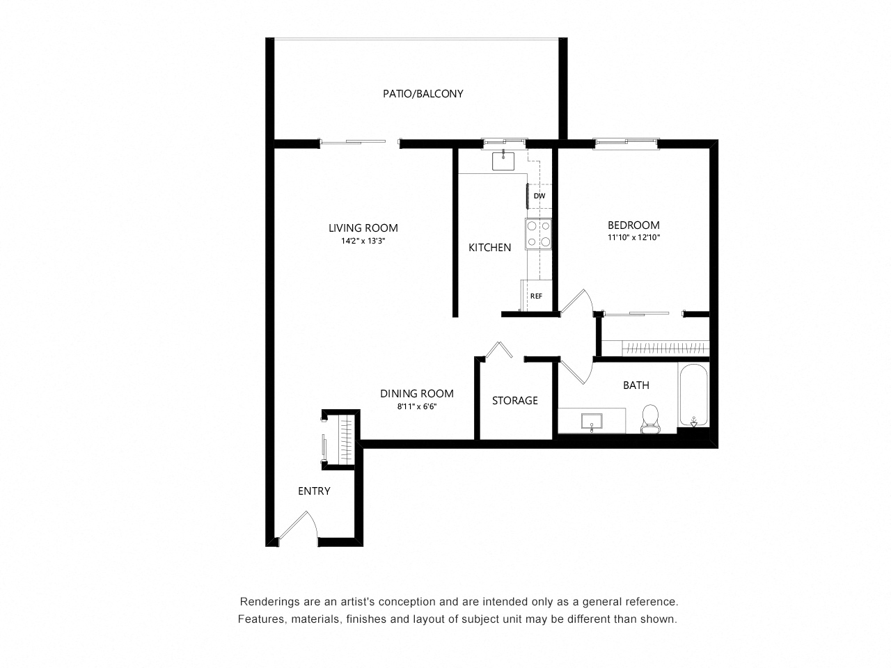 Floor plan for 1 bed, 1 bath, 670 sqft